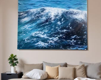 Original Blue Sea Wave Oil Painting on Canvas, Ocean Seascape Oil Painting, Large Ocean Wave Textured Wall Art, Living Room Wall Decor