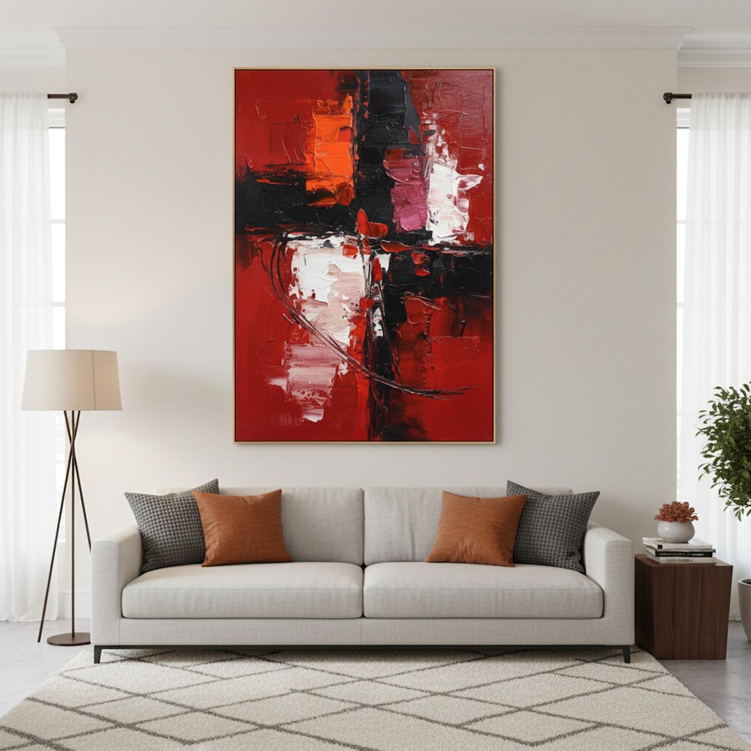 Bold Red Black Abstract Painting | Original Textured Art | Large Modern ...