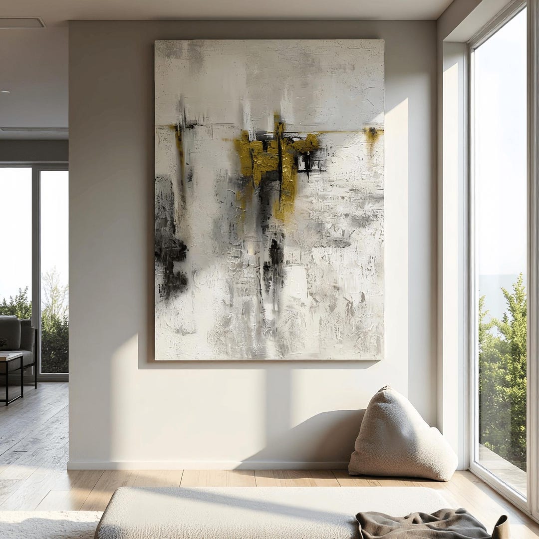 Large Abstract Gold Black & White Textured Oil Painting | Original ...