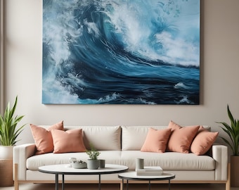 Original Blue Ocean Wave Oil Painting on Canvas, Ocean Seascape Oil Painting, Large Sea Wave Textured Wall Art, Living Room Wall Decor