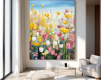 Original Oil Painting | Colorful Tulip Field Impressionist Painting | Large Floral Wall Art | Yellow Pink White Flowers Canvas Art Decor