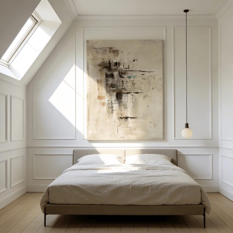 May include: A modern bedroom featuring a bed with a beige headboard and bedding. A large abstract painting hangs above the bed. A pendant light with a spherical shade hangs from the ceiling. The room has white walls and a wooden floor.