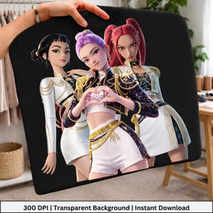 May include: Black graphic tee featuring three animated figures in white and gold outfits. The central figure forms a heart shape with their hands. The text at the bottom reads "300 DPI | Transparent Background | Instant Download".