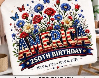 America 250 PNG, clipart per il 250° anniversario del 4 luglio, design floreale patriottico USA, PNG per sublimazione, download immediato