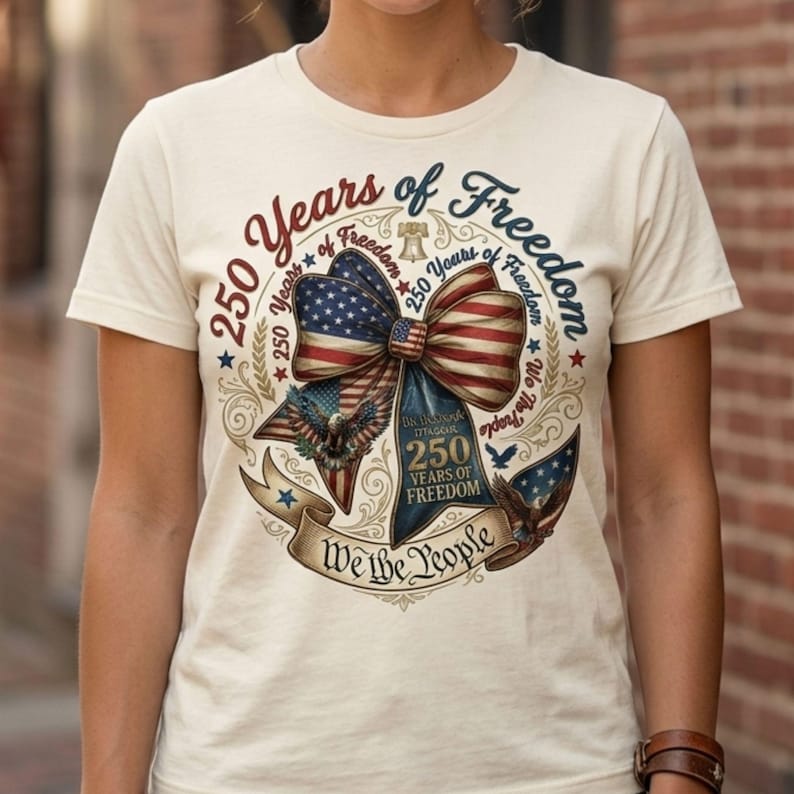 May include: Cream-colored t-shirt featuring a patriotic design. The graphic includes a bow with the American flag, an eagle, and the text "250 Years of Freedom" and "We the People".