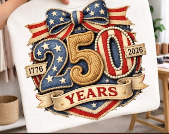 Design PNG per il 250° anniversario degli Stati Uniti, sublimazione patriottica 1776-2026, fiocco con bandiera americana vintage, design per maglietta "250 anni di libertà".