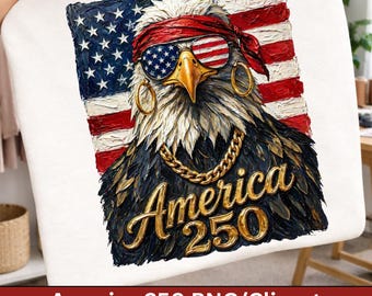 America 250 PNG, design patriottico dell'aquila per il 250° anniversario, bandiera USA, occhiali da sole, file per sublimazione retrò per t-shirt, download digitale
