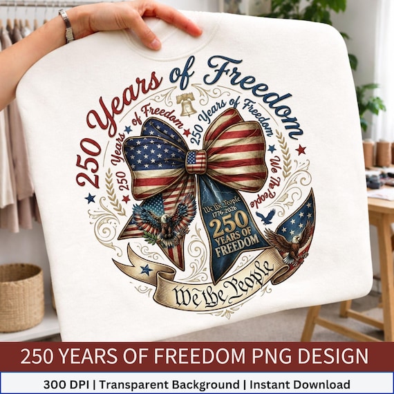 250 Years of Freedom PNG, USA 250th Anniversary Shirt Design, We The People 1776-2026, Patriotic Bow PNG, Sublimation Design