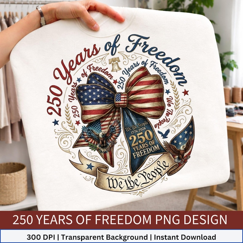 250 Years of Freedom PNG, USA 250th Anniversary Shirt Design, We The People 1776-2026, Patriotic Bow PNG, Sublimation Design image 1