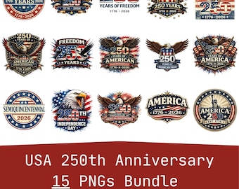 Pacchetto PNG per il 250° anniversario, 250 modelli di magliette USA, 250 anni di libertà 1776–2026, 15 PNG/Clipart download digitale