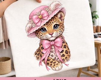 Leopardo PNG con fiocco rosa, clipart di leopardo femminile per sublimazione, design con stampa leopardata carina, download PNG estetico con fiocco