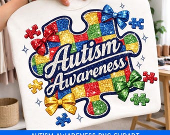 Immagine PNG per la sensibilizzazione sull'autismo, design a puzzle con strass, grafica a fiocco a scacchiera scintillante, sublimazione colorata per magliette sull'autismo, download con glitter retrò