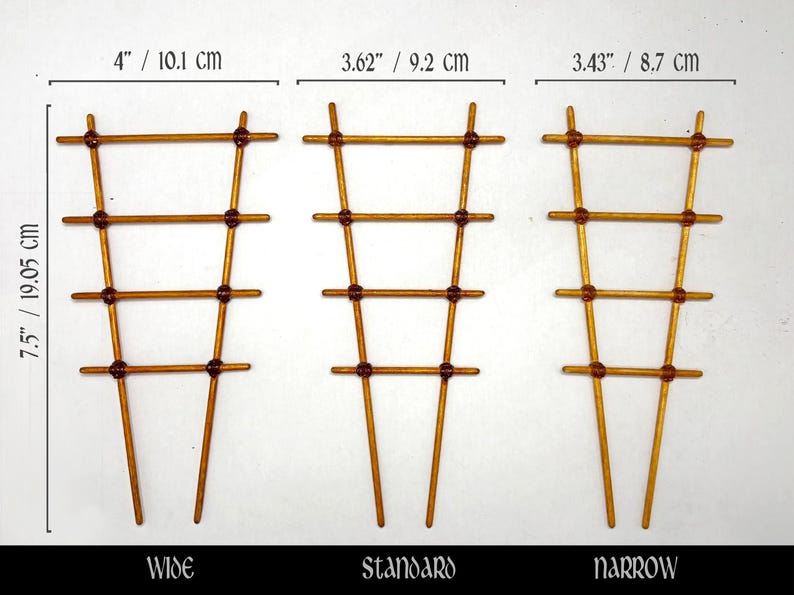 May include: Three wooden plant trellises labeled Wide, Standard, and Narrow. The wide trellis is 4 inches wide, the standard is 3.62 inches wide, and the narrow is 3.43 inches wide. All three trellises are 7.5 inches tall with four horizontal rungs.