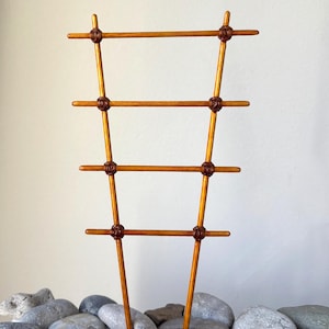 May include: A wooden plant trellis featuring two vertical rods and four horizontal rungs, connected by dark brown knotted cord accents. The structure is light brown with a smooth finish, designed with a tapered shape that is wider at the top.