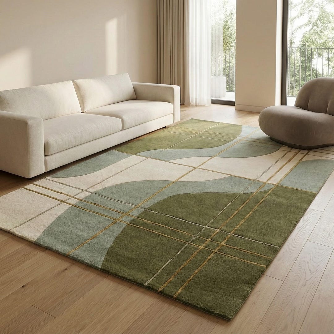 Hand Tufted Wool Area Rug, Modern Green Geometric Carpet - Etsy
