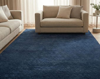 Navy Blue Area Solid Color Plush Rug, Modern Living Room Hand Tufted Wool Rug,