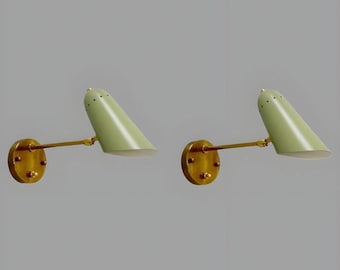 Pair Mid-Century Modern Brass Wall Sconces, Sage Green Italian Lamps