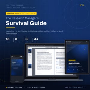 May include: A digital product titled The Research Manager's Survival Guide, Horizon Europe Edition V2.0, displayed on a laptop, tablet, and smartphone. The dark blue interface features white text, yellow accents, and technical document details.