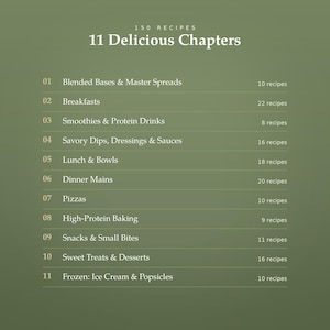 May include: An olive green table of contents page titled 11 Delicious Chapters with 150 Recipes. It lists eleven categories including Blended Bases, Breakfasts, Smoothies, Dips, Lunch, Dinner, Pizzas, Baking, Snacks, Desserts, and Frozen treats.