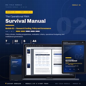 May include: A digital document titled The Operational RMA Survival Manual Module 02 Research Funding, Policy and Governance displayed on a smartphone, a laptop, and a tablet. The layout features dark blue backgrounds with yellow accents and text.