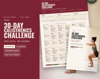 Può includere: Una guida per una sfida di calisthenics di 30 giorni con un calendario stampabile di 16 esercizi, scale di progressione e un modulo per le trazioni. Il documento include una guida di 25 pagine, tre livelli e una persona che fa uno squat.