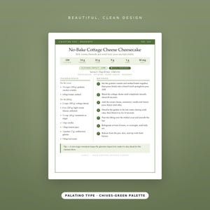 May include: A white recipe card titled No-Bake Cottage Cheese Cheesecake with green accents. It lists ingredients in cups and tablespoons, including 1.5 cups graham cracker crumbs and 4 tbsp butter, alongside a seven-step method and nutritional data.