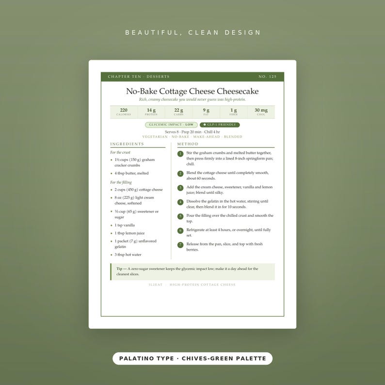 May include: A white recipe card titled No-Bake Cottage Cheese Cheesecake with green accents. It lists ingredients in cups and tablespoons, including 1.5 cups graham cracker crumbs and 4 tbsp butter, alongside a seven-step method and nutritional data.