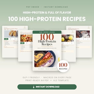 May include: A digital PDF ebook titled 100 High-Protein Recipes featuring macro-counted meals. The cover displays a bowl of oatmeal with fruit and seeds. The set includes recipe pages for egg wraps, chicken burrito bowls, and protein mug brownies.