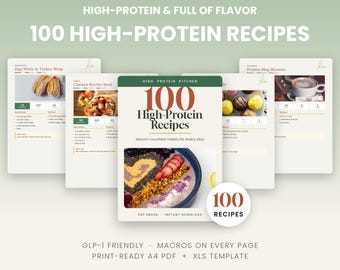 May include: A digital PDF ebook titled 100 High-Protein Recipes featuring macro-counted meals. The cover displays a bowl of oatmeal with fruit and seeds. The set includes recipe pages for egg wraps, chicken burrito bowls, and protein mug brownies.