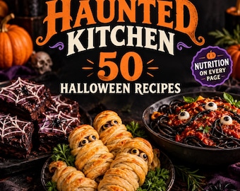 Può includere: Un libro di cucina intitolato The Haunted Kitchen 50 Halloween Recipes con una copertina che mostra pasticcini a forma di mummia, brownies con ragnatele di glassa e pasta nera con salsa di pomodoro e occhi commestibili.