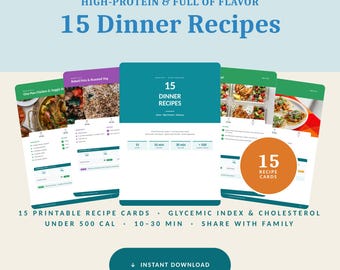 Può includere: Un ebook PDF digitale intitolato 15 Dinner Recipes, High-Protein & Full of Flavor. La copertina presenta uno sfondo verde acqua con testo bianco, mostrando 15 schede ricette stampabili, indice glicemico e pasti sotto le 500 calorie.