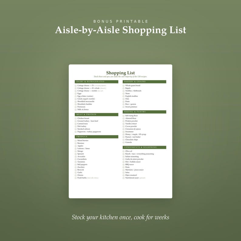 May include: A white printable shopping list document featuring the text Bonus Printable Aisle-by-Aisle Shopping List at the top and Stock your kitchen once, cook for weeks at the bottom. The list is organized into categories with checkboxes.