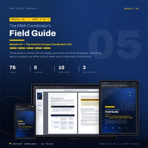 May include: A digital product display featuring The RMA Coordinator's Field Guide Module 05. The graphic includes text detailing 78 pages, 5 lessons, 10 templates, and 3 checklists. It shows a smartphone, a laptop, and a tablet displaying the guide.