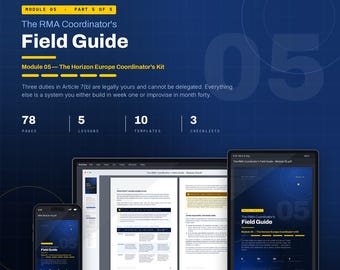 Può includere: Una presentazione di prodotto digitale che mostra la Guida pratica del coordinatore RMA, modulo 05. Il grafico include testo che dettaglia 78 pagine, 5 lezioni, 10 modelli e 3 liste di controllo. Mostra uno smartphone, un portatile e un tablet.