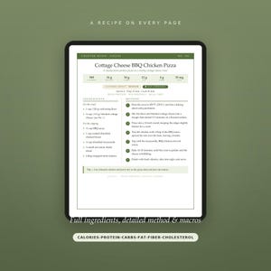 May include: A digital recipe page titled Cottage Cheese BBQ Chicken Pizza, featuring a list of ingredients, step-by-step cooking instructions, and nutritional macros including calories, protein, carbs, fat, fiber, and cholesterol content.