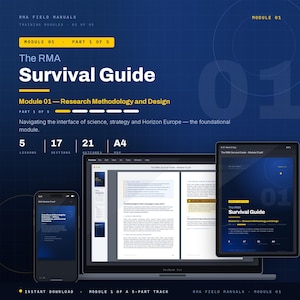 May include: A digital display showing The RMA Survival Guide Module 01 Research Methodology and Design on a laptop, tablet, and smartphone. The dark blue interface features yellow accents, text detailing 5 lessons, 17 sections, 21 outcomes, and A4 format.