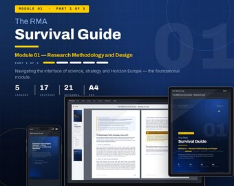 Può includere: Un display digitale che mostra la RMA Survival Guide Modulo 01 Metodologia di Ricerca e Design su un portatile, un tablet e uno smartphone. L'interfaccia blu scuro presenta accenti gialli e testo che dettaglia 5 lezioni, 17 sezioni, 21 risultati e formato A4.