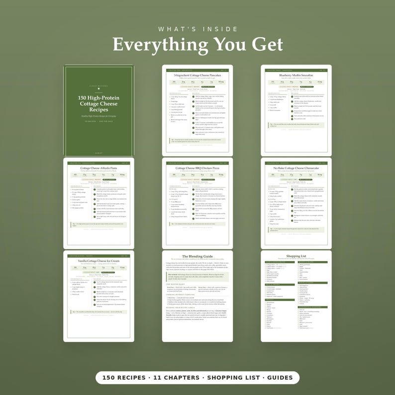 May include: A digital cookbook titled 150 High-Protein Cottage Cheese Recipes, featuring a cover page and eight internal pages displaying various recipes like pancakes, pasta, pizza, cheesecake, and ice cream, plus a shopping list and blending guide.