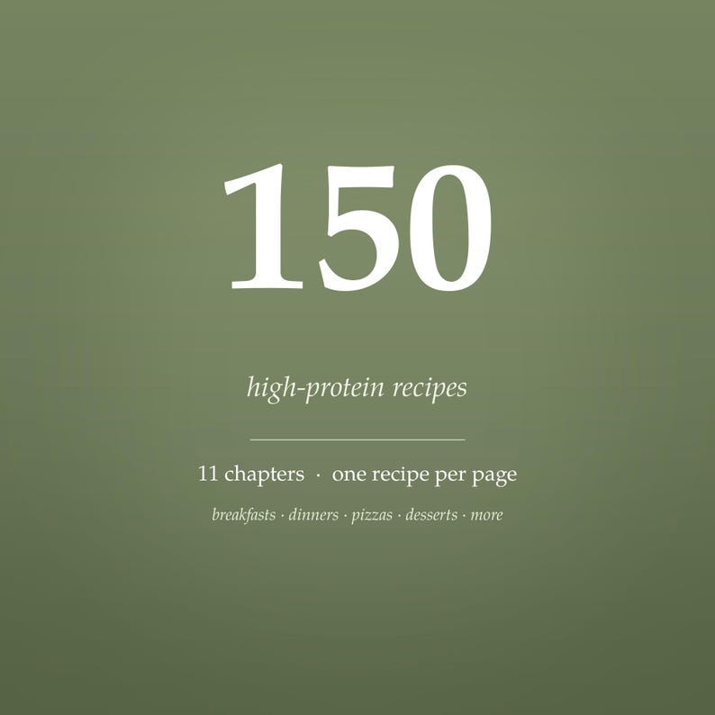 May include: A sage green digital cover featuring the white text 150 high-protein recipes, 11 chapters, one recipe per page, and a list of categories including breakfasts, dinners, pizzas, desserts, and more, centered on a solid background.