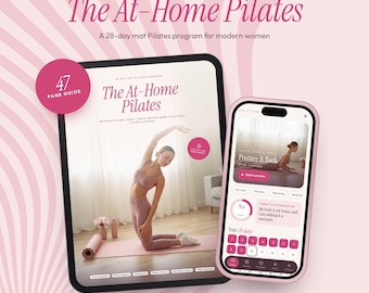 Può includere: Un tablet e uno smartphone che mostrano il programma di Pilates su tappetino di 28 giorni The At-Home Pilates. Lo schermo mostra una persona in abbigliamento rosa che esegue una posa di Pilates. Il testo include 47 PAGE GUIDE e 16 PHOTO-GUIDED EXERCISES.