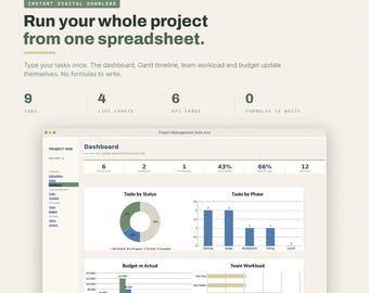 Può includere: Una suite digitale di gestione progetti per Excel e Google Sheets con dashboard, grafici in tempo reale, stato delle attività, monitoraggio delle fasi, confronto tra budget e costi effettivi e carico di lavoro. L'interfaccia include 9 schede e 0 formule.