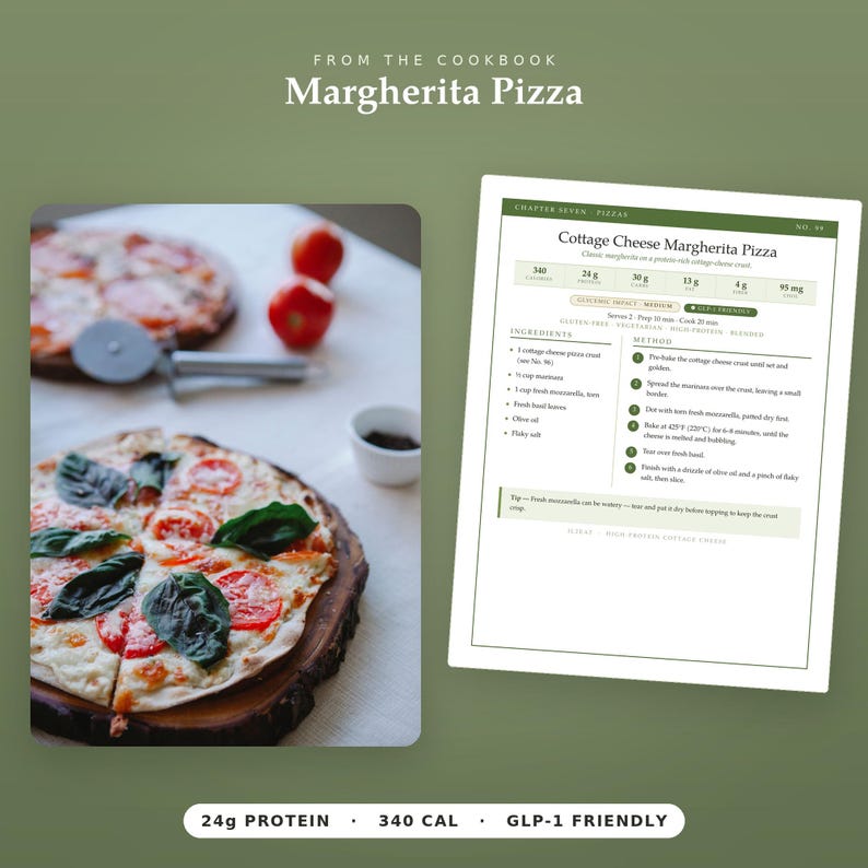 May include: A recipe card for Cottage Cheese Margherita Pizza featuring a list of ingredients and method steps, alongside a photograph of a sliced pizza topped with tomato slices and fresh basil leaves on a wooden board with a pizza cutter.
