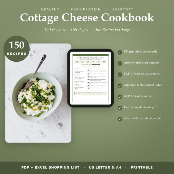 Cottage Cheese Recipes Cookbook 150 High Protein Recipes GLP 1 Friendly Meal Prep Printable Recipe Cards Weight Loss Digital Download