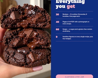 Può includere: Una pila di tre biscotti al cioccolato fondente con pezzi di cioccolato e scaglie di sale, accanto a un pannello informativo blu intitolato Everything you get, che elenca 30 ricette, 40 pagine A4 in PDF, 60 varianti e 9 dati nutrizionali.