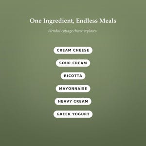 May include: An olive green graphic with white text reading One Ingredient, Endless Meals and blended cottage cheese replaces: followed by a vertical list of white pill-shaped buttons labeled Cream Cheese, Sour Cream, Ricotta, Mayonnaise, Heavy Cream, and Greek Yogurt.