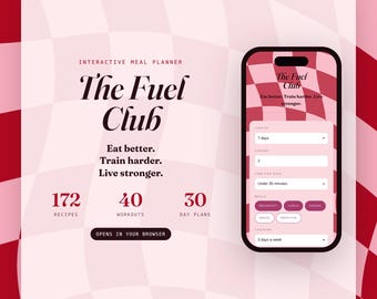 Può includere: Un'interfaccia digitale per il pianificatore di pasti interattivo The Fuel Club visualizzata su uno smartphone. Lo schermo mostra 172 ricette, 40 allenamenti e piani di 30 giorni con il testo Eat better. Train harder. Live stronger. e un pulsante.