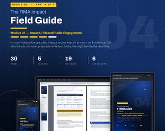 Può includere: Una guida digitale intitolata The RMA Impact Field Guide, Module 04, Part 4 of 5, visualizzata su un portatile, un tablet e uno smartphone. L'interfaccia blu e gialla include 30 pagine, 5 lezioni, 19 sezioni e 6 liste di controllo per Horizon Europe.