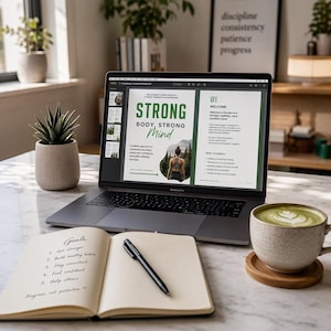 May include: A laptop displaying a digital guide titled Strong Body, Strong Mind, an open notebook with a handwritten goals list, a black pen, and a ceramic mug filled with a green latte on a white marble surface next to a small potted succulent.