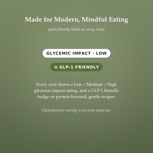 May include: An olive green informational graphic with white text reading Made for Modern, Mindful Eating, goals-friendly labels on every recipe, GLYCEMIC IMPACT LOW, GLP-1 FRIENDLY, and details about recipe ratings, protein-forward meals, and cholesterol.