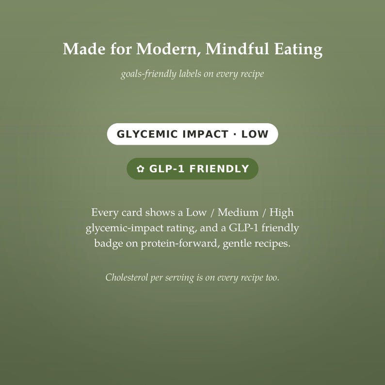 May include: An olive green informational graphic with white text reading Made for Modern, Mindful Eating, goals-friendly labels on every recipe, GLYCEMIC IMPACT LOW, GLP-1 FRIENDLY, and details about recipe ratings, protein-forward meals, and cholesterol.